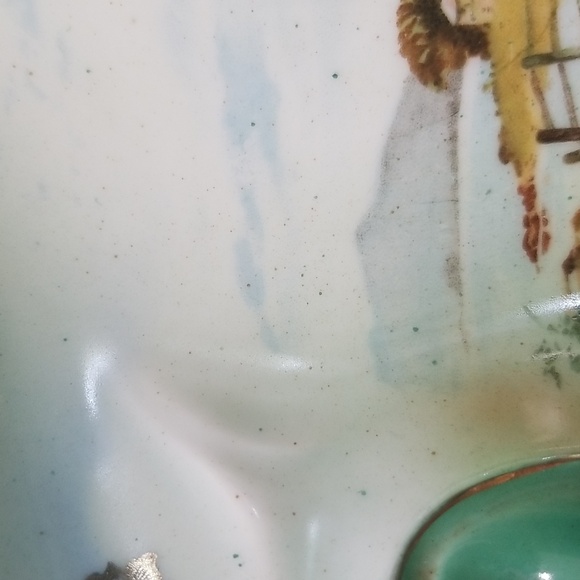 Germany Three Crown China Big Cottage Scenic Bowl With Wavery Green Gold Flowers - Picture 11 of 16